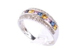 A 9ct gold and tri-colour stone ring.