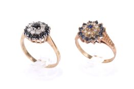Two 9ct gold, sapphire and white stone cluster dress rings.