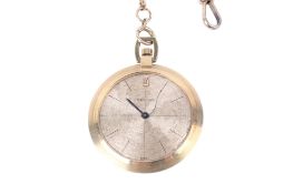 A yellow metal Benrus pendant watch with chain box.