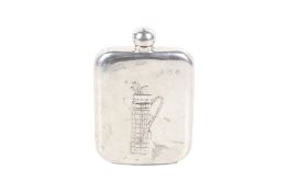 A pewter hip flask decorated in relief with a bag of golf clubs. With marks for BPC, screw lid, H13.