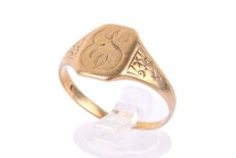 A 9ct gold sovereign ring. Engraved with the initials ES, partial hallmarks to shank.