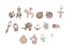 Fifteen silver and white metal charms.