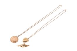 Two 9ct gold lockets on chains and a brooch.