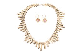 A gold plated choker necklace and pair of gold plated earrings.