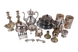 A collection of assorted silver plate items. Including a cake stand and a coffee pot, etc. Max.