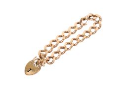 A 9ct gold curb link bracelet. With heart clasp, this hallmarked, each link marked 9 and 375.