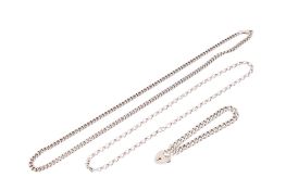 Two silver chain necklaces and a bracelet.