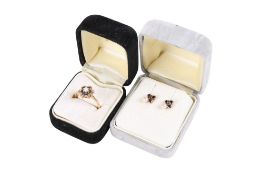 A 9ct gold sapphire and pearl ring and earring set.