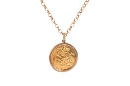 A 9ct gold mounted 1982 half sovereign coin pendant.