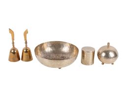 A group of three assorted Aikinamadu white metal items and a pair of copper bells. Max.