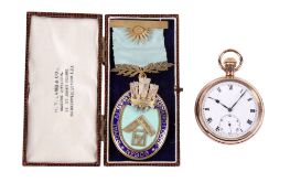 A silver Prince of Wales's Chapter Masonic jewel and a gold plated pocket watch.