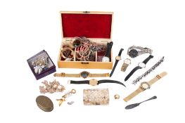 A box of assorted costume jewellery and wristwatches.