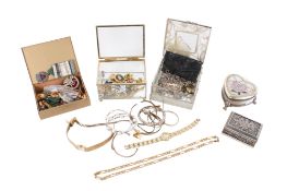 A collection of costume jewellery and two lady's wristwatches.