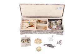 A white metal box of mixed jewellery. Including a yellow metal ring marked 9ct & SL and weighing 1.