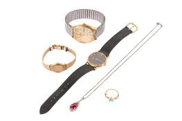 Three wristwatches and two pieces of costume jewellery.