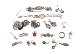 A group of floral design white metal and stone set jewellery and a watch.