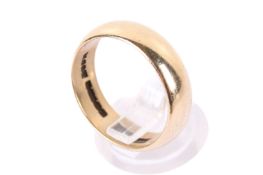A 9ct gold wedding band. Of wide, lightly convex form, hallmarked, size R, weight 6g.