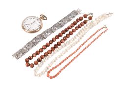 A small group of assorted jewellery and a pocket watch.