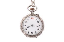 A silver pocket watch, double Albert chain and pendant.