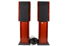 A pair of Heybrook Quartet bi-wired audio speakers and stands.