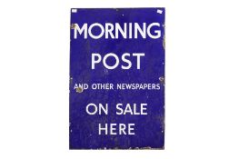 A vintage 'Morning Post' enamel advertising sign. Featuring white text on a blue ground, 76cm x 50.