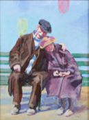 A contemporary painting on board, a sleeping couple holding balloons. Signed 'JW' (lower right), 24.