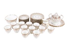 A 19th century gilt porcelain tea set mostly for twelve. Including sugar bowl (af), milk jug, etc.