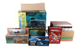 A group of assorted electrical audio equipment.