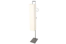 A contemporary grey metal floor lamp with rectangular shade.