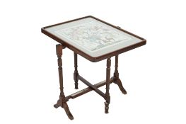 An embroidered mahogany fire-screen folding table.