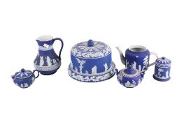 Six pieces of Wedgwood blue and white jasperware.