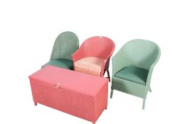 Four pieces of Lloyd Loom style furniture. Comprising a pink blanket box with a wooden lid, H45.