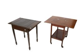 An oak drop flap table and a mahogany Pembroke trolley.