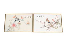 A pair of Chinese embroidery pictures. Worked in polychrome threads and depicting birds and flowers.