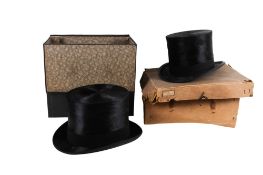 Two vintage black felt silk top hats. Comprising a G.