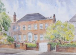 A 20th century watercolour of a grand urban house.