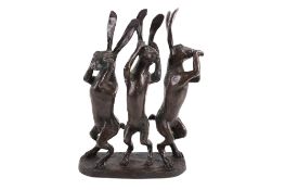Rob Crutchley (1943), limited edition bronze, 'Hares - see, hear and speak no evil', signed 'RC'.