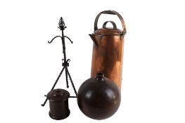 A group of four assorted items. Including a copper milk can, wrought iron stand and two treen items.