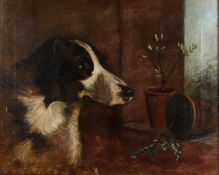 A 20th century oil on canvas, portrait of a dog looking out a window.