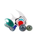 Five glass ornaments. Including two fish, a duck and two paperweights. Max.