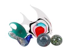 Five glass ornaments. Including two fish, a duck and two paperweights. Max.