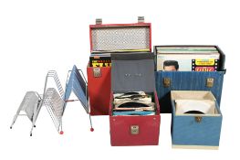 A quantity of vinyl singles and LP records in four cases.