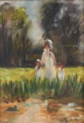 A late 20th century oil on canvas, mother and children in a garden.