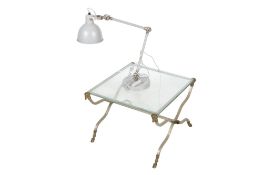 Glass top table metal framed coffee table and an anglepoise grey finish table lamp.