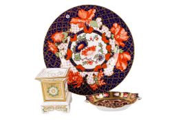 Three pieces of Royal Crown Derby porcelain. Consisting of a Peony plate A.1283, diameter 26.