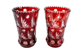 A pair of Bohemian encased ruby cut to clear glass vases.
