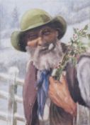 Rex Purdy, watercolour, winter scene with a gentleman carrying holly.