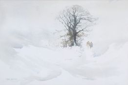 Alwyn Crawshaw (born 1934), figures in a snowy landscape, watercolour.