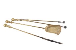 A set of three vintage brass fire side tools. Consisting of poker, tongs and shovel.