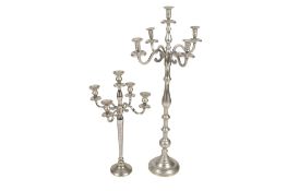 Two large contemporary cast metal five sconce candelabra. Raised on circular bases. Max.